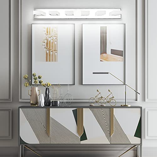 Image of Ralbay Modern Chrome Bathroom Vanity Lights 5 Color Temperature Dimmable Acrylic Modern LED Bathroom Vanity Lighting Fixtures Chrome 40.4inch
