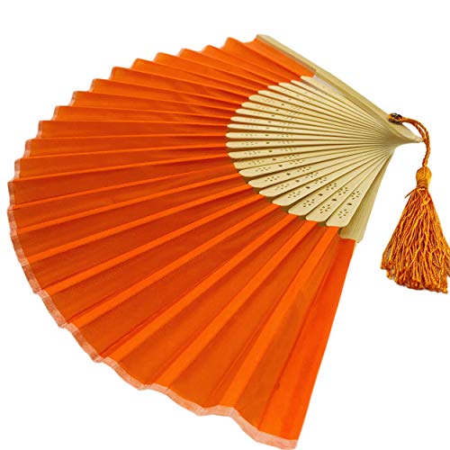 Image of Fabric Handheld Folding Hand Fan With a Tassel Grade A Bamboo Ribs for Women Girls Summer Party Event Favor Birthday Wedding Souvenir Gift (Orange)