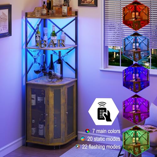 JKsmart Corner Bar Cabinet With LED Lights, 5-Tier Industrial Wine Cabinet With Glass Holder, Farmhouse Liquor Cabinet With Shelf and Door, Home Bar for Coffee, Rustic Brown