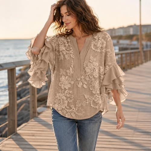 Generic Womens Casual Boho Top Printed Soft 3/4 Ruffle Sleeve Floral Blouse - image 3