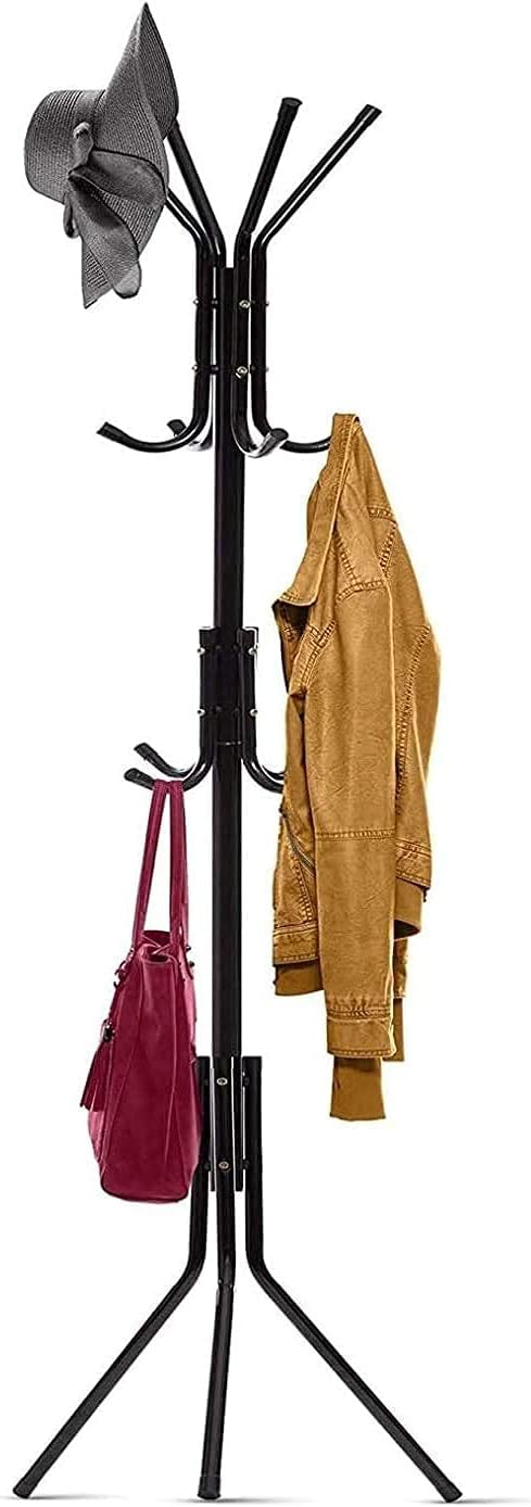 Lukzer 8 Hook Coat Hanger Hanging Stand For Clothes,Bag,Scarf,Umbrella,Belt Metal Garment Standing Pole Rack Home Office Hotel Storage Organizer(Textured Black),42x42x170 CM