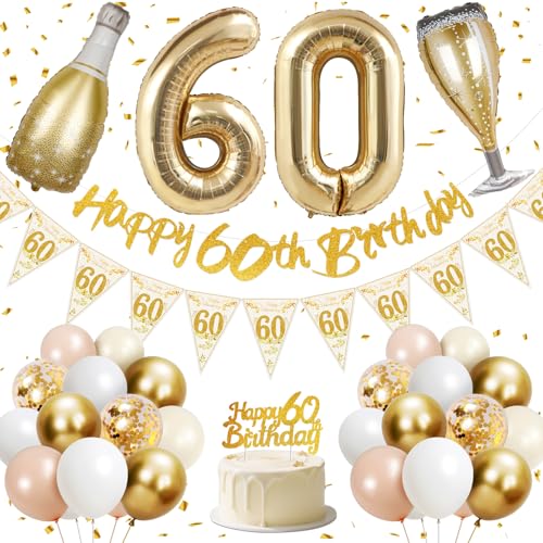 60th Birthday Decorations Happy 60th Birthday Banner 40 inches 60 Foil Balloons Champagne Golden Bottle and Glass Gold Pink White and Confetti Balloons 60th Party Decorations for Women