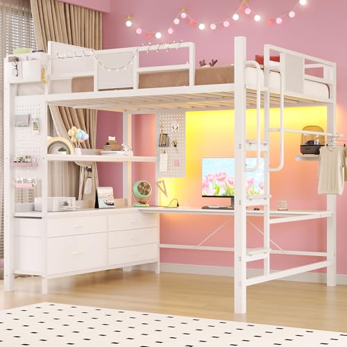 BYSAUD Loft Bed with Desk, Full Size loft Bed, Loft Beds Full Size with Stairs&5 Fabric Storage Drawers,Charging Station&LED Lights,Removable Guard Ladder, Noise Free, No Box Spring Needed (White)
