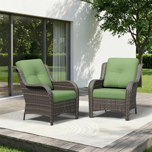 Image of Patio Chairs Set of 2, Outdoor Wicker Patio Furniture Set with Thickened Olefin Cushions, High Back and Deep Seating, Wide Curved Armrest Hand-Woven PE Rattan for Porch, Deck, Green
