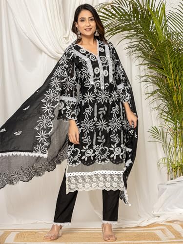 Image of INDO ERA Women's Pure Cotton Embroidered Straight Kurta And Pant With Dupatta Set (Kh0Bk6063)