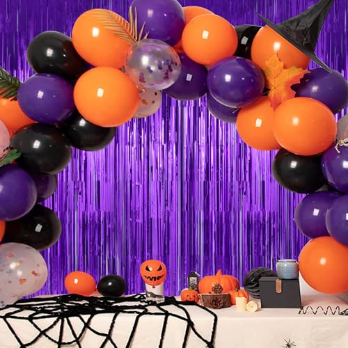 Image of Purple Backdrop Curtains Birthday Decorations 2Pack Halloween Foil Curtain Backdrop Streamers Party Decorations Photo Booth Props for Party Decorations