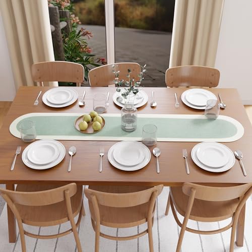 Image of Encasa XO Table Runner for 4 Seater | Handmade Ribbed Style Cotton | 30x137 cm | Sage & Off White | for Dining & Center Table