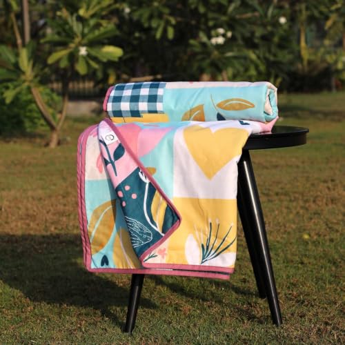 Image of LORETO - A QUALITY LINEN BRAND 100% Cambric Cotton Double Dohar 88 x 90 Inches, 3-Layer Lightweight AC Blanket with Soft Cotton Flannel Filling, Summer Quilt, Reversible, Pastel Garden on White Grid