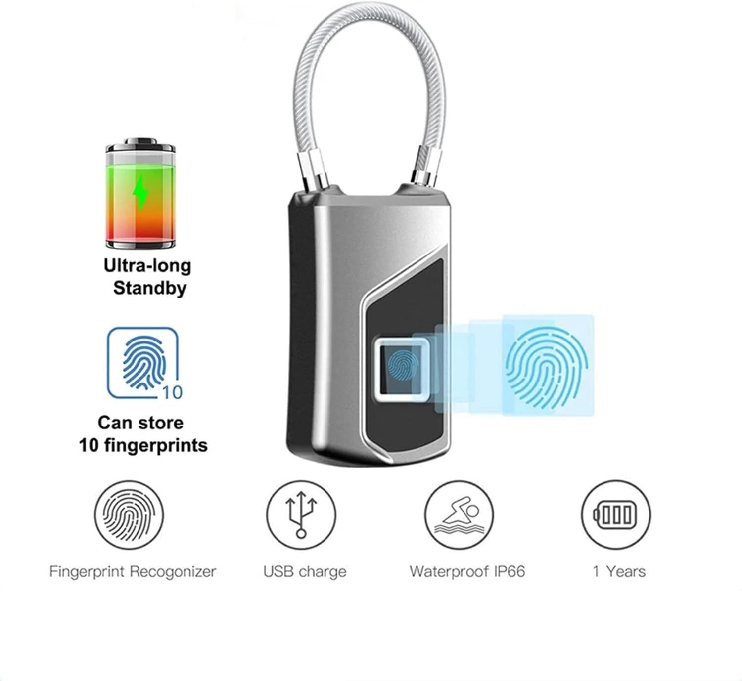 Candado sin llave con huella dactilar, Candado de huella digital Llave de reconocimiento de 360° Copia de seguridad USB recargable 32x90x17 mm