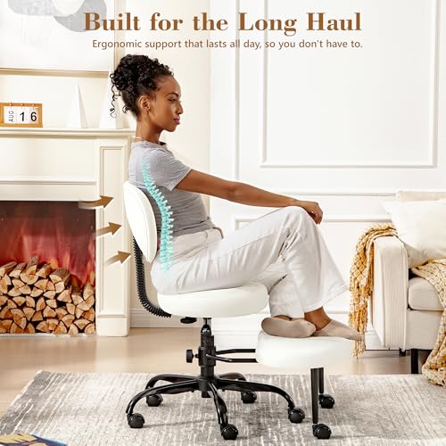 Ergonomic Cross Legged Office Chair with Wheels - Adjustable Height for Meditation, ADHD Desk & Yoga - Wide Criss Cross Design with Lumbar Support, Kneeling Chair - White