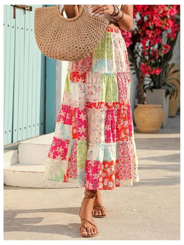 Women's Floral Color Block Ruffle Layered Skirts Boho Vacation Summer Midi Skirt3