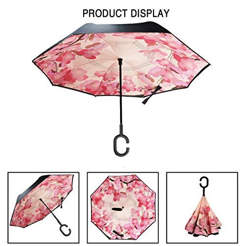 Image of MRTLLOA Double Layer Inverted Umbrella with C-Shaped Handle, Anti-UV Waterproof Windproof Straight Umbrella for Car Rain Outdoor Use (N-Peach Blossom)