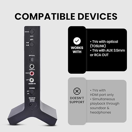 Miniatura 3 de Avantree HT280 - Auriculares inalámbricos para ver televisión con base de carga de transmisor RF de 2.4G, sistema óptico digital, auriculares de