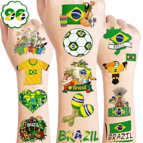 96 PCS Brazil Brazilian Pre-Cut Temporary Tattoos Themed Birthday Party Supplies Favors Decorations Décor Soccer Carnival Tattoo Stickers Gifts For Boys Girls Class School Prizes Carnival Cartoon