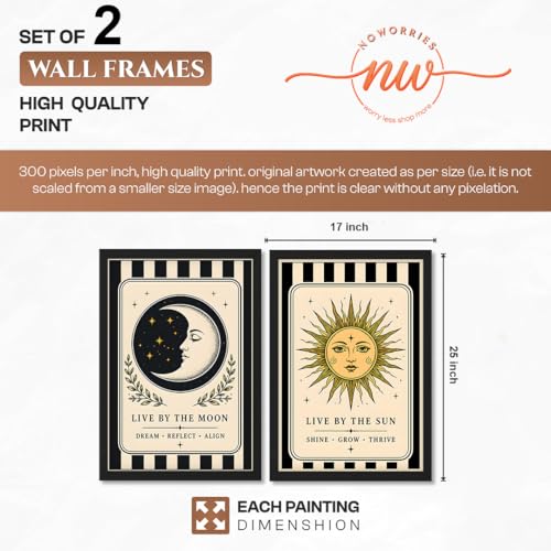 Image of NoWorries Sun & Moon Wall Art Set of 2, Celestial Boho Decor, Vintage Tarot Inspired Prints, Spiritual Wall Decor for Bedroom, Living Room & Meditation Space (Art-16, 17x25inch)