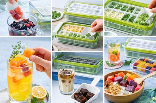 Image of Silicone Ice Cube Tray with Lid, Storage Box & Scoop | Easy Release Ice Maker Mold | Stackable, Spill-Proof Ice Tray for Freezer, Drinks & Cocktails (Cream)