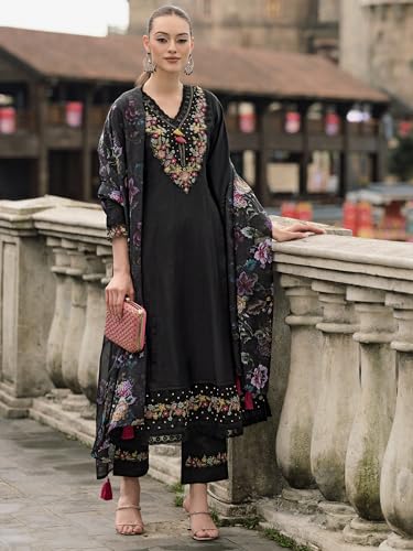 Image of INDO ERA Women's Silk Blend Embroidered Anarkali Kurta & Pant with Dupatta Set