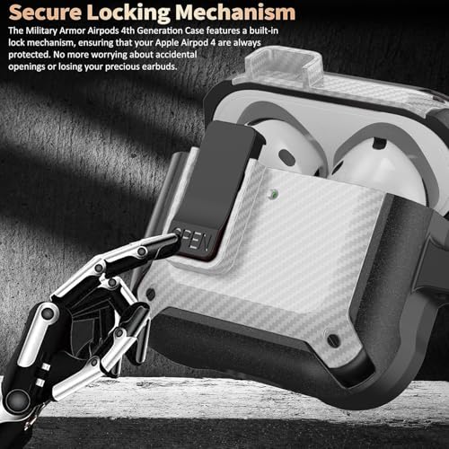 Image of Olytop for Airpods 4 Case with Lock Clip, Rugged Apple Airpods 4th Generation Cover 2024 Men Women, Armor Shockproof iPod 4 Gen Protective Hard Shell with Carabiner&Cleaner kit,CF Black /White