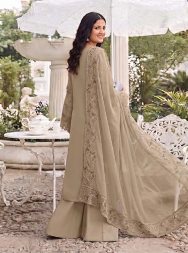 Image of RUDRAPRAYAG Women's Georgette Fabric Wih Embroidered Sequence Work And On Neck Moti Hand Work Semi Stitched Sharara Salwar Suit With Dupatta Set