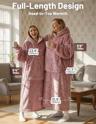 Mewaii Tragbare Decke mit Kapuze und Ärmeln,Kuscheldecke mit Handschuhen Weiche Flanell Sherpa Decke für Damen und Herren Ideal für Zuhause Reisen und Tierliebhaber - Hängeohrkaninchen