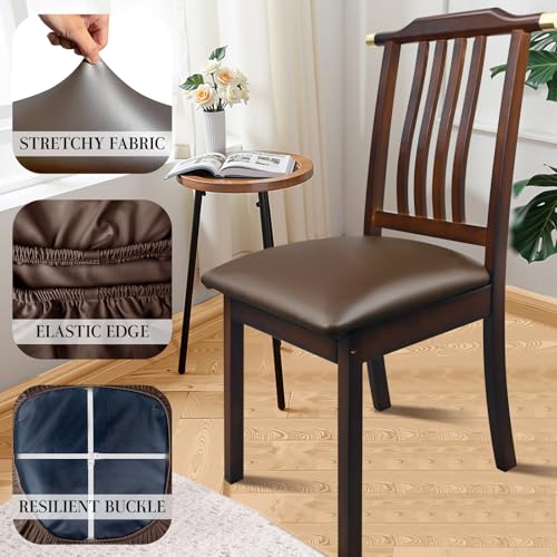 Image of Pu Leather Dining Chair Seat Covers Set of 8, Waterproof Kitchen Chair Covers Stretch Chair Cover for Kitchen /Dining Room /Hotel, Tasteless seat Covers for Chairs (Coffee - 8 PCS)