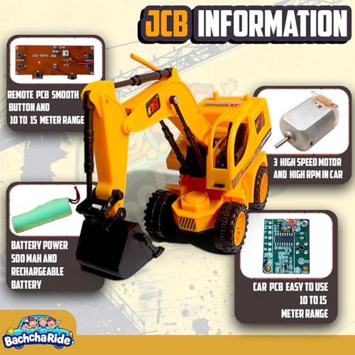 Image of Remote-Controlled JCB Digger Toy for Kids with Movable Shovel, Excavator Bulldozer Toy with Lights & Anti-Skid Rubber Tires - Indoor /Outdoor Construction Vehicle Play (Yellow, 8037)