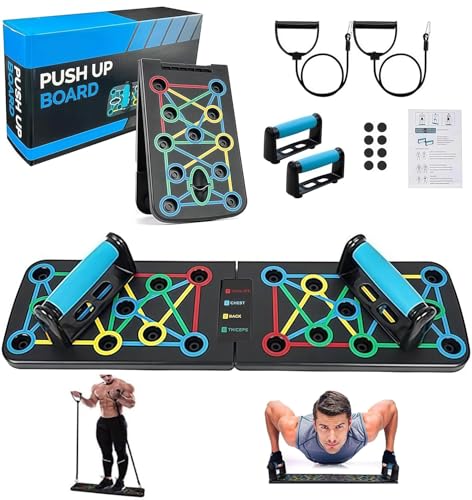 Liegestütze Brett, 17 in1 Multi-Funktions Heimtrainingsgeräte Push Up Board Faltbar Tragbare Presswerkzeuge Übungsbrett Effektiv Trainieren die Muskeln für Männer Frauen (Schwarz mit Widerstandsseil)