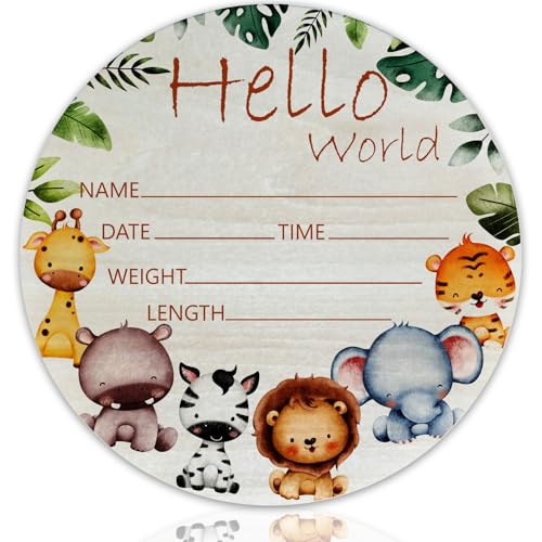 Image of Woodland Baby Name Sign 6 inch Round Wood Birth Announcement for Nursery | Round Birch Wood Baby Name Sign, Woodland Nursery Decor With Giraffe Elephant Design, Idea for Newborn, Baby Shower Gifts