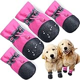 Dog Shoes Waterproof Winter Snow Boots with Anti-Slip Sole for Small Medium Dogs(Black/Pink) 4PCS