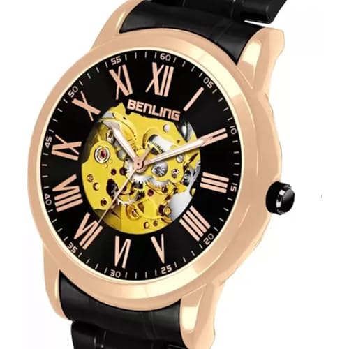 Image of Benling Men's Skeleton Automatic Analog Watch Combo | Open Gear Dial | Leather and Stainless Steel Chain Strap | Luxury Mechanical Movement | Casual & Formal Wear Stylish Wrist Watch for Men