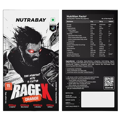 Image of Nutrabay RageX Pre Workout Supplement Powder - 180g (15 Sachets), Orange | 200mg Caffeine, 4g Beta Alanine, 6g L-Citrulline, 600mg L-Arginine, & Black Pepper | Muscle Pump & Performance