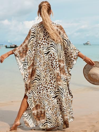 Women's Plus Size Animal Print V-Neck Batwing Kaftan Beach Dress Bathing Suit Cover-Up Loungewear4