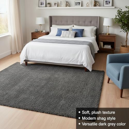 Image of Carpet for Hallway, Kitchen, and Modern Interiors, Cozy Shag Runner for Living Room, Entryway & Office Decor Size 5x8 feet Dark Grey
