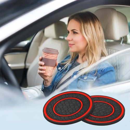 Image of Osilly Car Coasters for Cup Holder, 2.75 Inch No-Slip Anti Dust Insert Coaster, Universal Auto Waterproof Coasters Silicon Insulation Cup Mats for Woman Man, Suit for Vehicle (Black /Red, 4PCS)