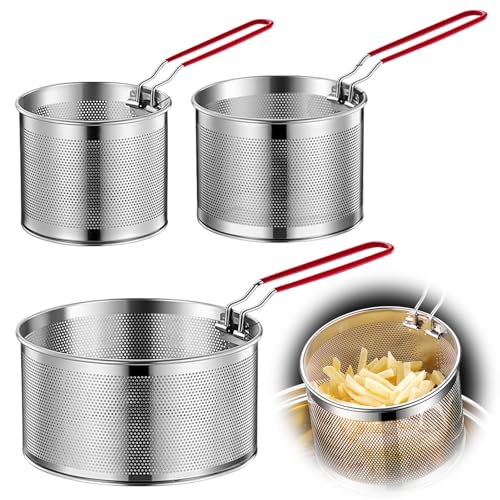 GOEDCH Cestello per friggere in acciaio inossidabile: 3 pezzi in acciaio inox, 14 cm+18 cm+20 cm, cestino per la pasta con maniglia, filtro da cucina, patatine fritte