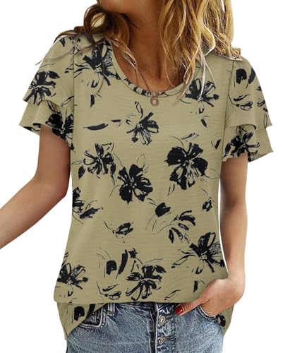 CRAZY GRID Women's Shirts Summer Casual Crewneck Ruffle Short Sleeve Blouses Cute Floral Print Tunic Tops