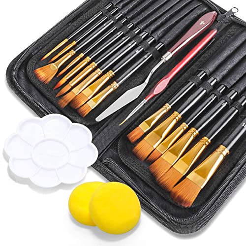 Gifort Juego De Pinceles Para Pintura, 20 Set De Pinceles De Pintura Profesional Con Cuchillo De Pintura, Esponja Y Paleta Para Acrílico Acuarela Aceite Para Principiantes Artistas