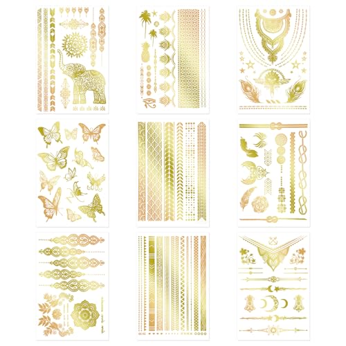 9 pezzi Tatuaggi Temporanei Dorati, 21x14,8cm Adesivi per Tatuaggi Farfalla Dorata Stella Luna Piuma Adesivi Tatuaggi Impermeabili per Donne Ragazze Feste Festival Accessori (Stile A)
