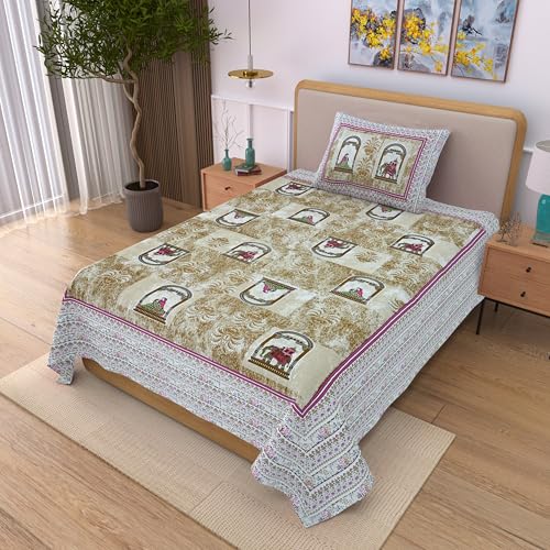 Image of 100% Cotton Single Bedsheet with 1 Pillow Cover | 240 TC Pure Cotton Flat Bed Sheet | Traditional Jaipuri Printed Bedding Set | Soft & Breathable | 60 x 90 Inch (Rangmahal Single 60)
