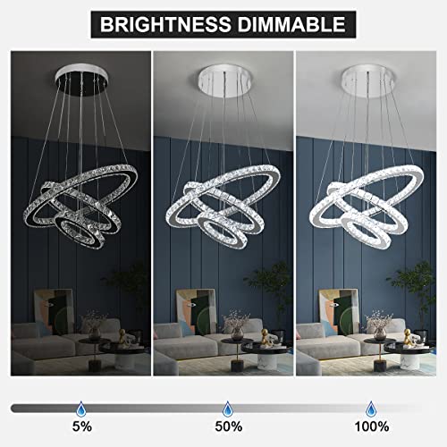 Buccleuch Modern Chandeliers Dimmable Crystal Led 3 Rings Pendant Light Adjustable Cords For Kitchen Island Living Room Dining Room,21.7" 45W,Silver Etl Listed #TOP3