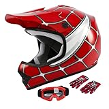 SLMOTO Dot Youth Kids Helmet Motocross Offroad Street Helmet Motorcycle Helmet Dirt Bike Motocross ATV Red Spider Design Helmet+Goggles+Gloves Large