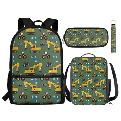 Set di zaino per bambini 4 in 1 con contenitore per il pranzo astuccio portachiavi per ragazze e ragazzi Veicolo Escavatore Taglia unica Zaini Daypack verde