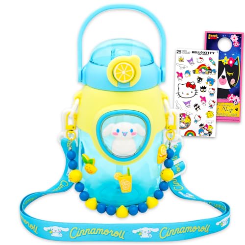 SANRIO Cinnamoroll Water Bottle for Girls - Bundle with 16 Oz Cinamoroll Drinking Cup with Straw and Carrying Strap for Home School Sports Plus Stickers Double Cover Reusable Water Bottle