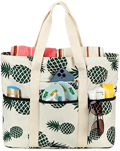 LEDAOU Bolsa de playa grande con cremallera para mujer, impermeable, bolsa de transporte, bolsa de transporte a prueba de arena con cremallera, piscina, fitness, bolsa de viaje familiar, Beige Piña,