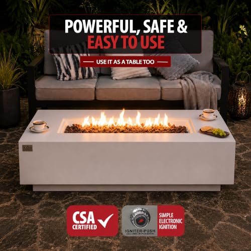 Image of AMS Creations | Madison 60 inch Bundle Rectangular Propane Gas Outdoor Fire Pit Table | Cream White Concrete GFRC | Smooth Texture or Surface | Electronic Ignition | Outside Backyard Fireplace