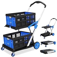 Goyappin Multifunctional Folding Cart with Wheels,Two Layers Collapsible Shopping Cart Heavy Duty Utility Cart for Groceries,Office,Warehouse and Supermarket (with 2 Crates)