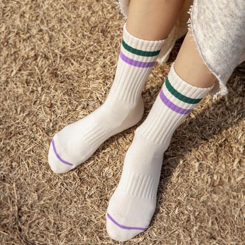 3-6Pairs Cushioned Crew Socks Retro Striped Socks Women Mid Calf RibTube Socks4