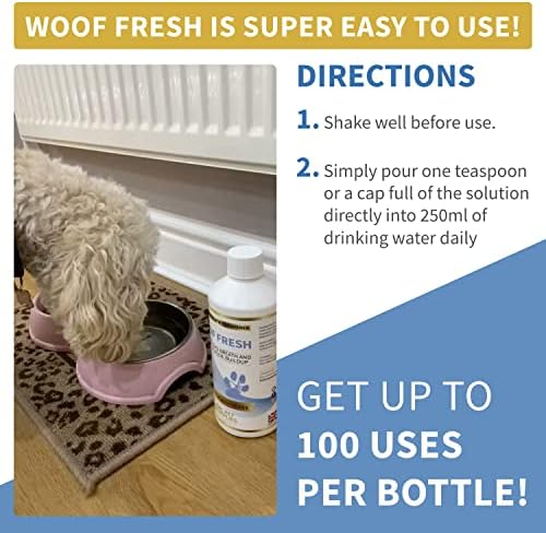 HWL Pet Supplies - Dog Breath Freshener - Advanced Dental Water Additive - Dog Mouthwash - Plaque Off Dogs - Eliminate Bad Breath & Reduce Plaque Buildup - WOOF FRESH - Dog Teeth Cleaning - Made In UK