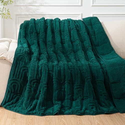 Image of Cottonblue Jacquard Weighted Blanket for Adults 15 lbs Twin Size, Cozy Fluffy Sherpa Fleece Weighted Throw Blankets 48 inch x 72 inch for Sleep Relax, Fuzzy Warm Arch Heavy Blanket Soft for Bed Couch, Green