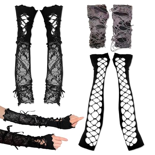 YiiHHooN Gants Sans Doigts Longs, 3 Paires Manchettes Y2K Femme, Mitaines Dentelle Gothique Grunge Déchirées Accessoires Punk pour Carnaval Halloween Cosplay...